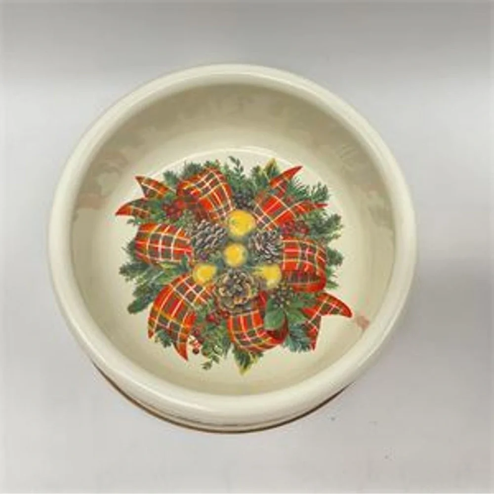 MacKenzie-Childs Evergreen Enamel Pet Dish Dog Bowl Christmas Tartan Wreath